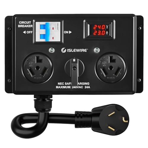 islewire NEMA 10-30 Dryer EV Charging Switch, 240V 24A Max Manual Splitter Switch for Dryer & EV with Circuit Breaker, Real-Time LCD Display, Plug and Play Physical Hand-Operated Selector, ETL Listed