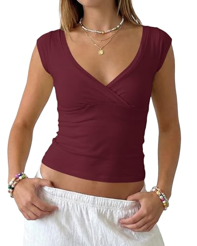 BAIGRAM Women Deep V Neck Wrap Crop Tank Tops Summer