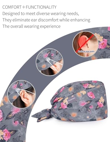 Image of Kousenpu Scrub Caps for Women, Adjustable Women's Surgical Cap with Buttons, Breathable Cute Design for Nurses and Doctors