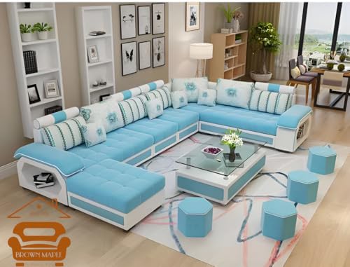 Image of Brown Maple U-Shape Sectional Sofa Set for Home | 10-Seater Fabric Sofa with Tea Table & 4 Puffy | Spacious Seating for 14 Persons | Pre-Assembled, Modern Comfort Design(SkyBlue)