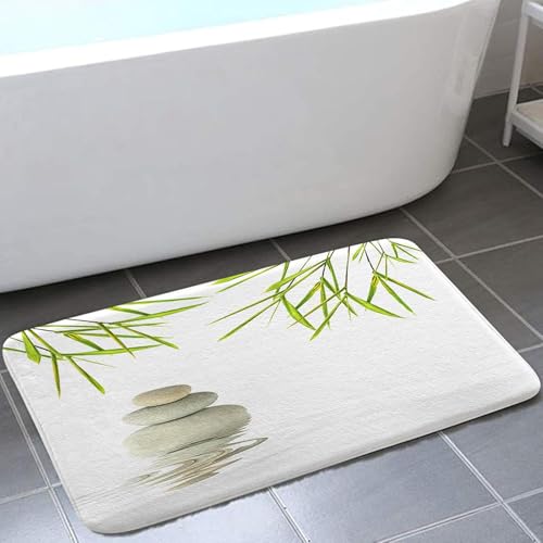 YongXinMY Tapis de bain spa zen en flanelle - Motif feuille de bambou et pierre verte - Tapis doux et antidérapant - Œuvre d'art tranquille pour salle de...