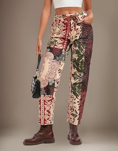 Kedera Womens Baggy Barrel Jeans Low Rise Drawstring Pants Wide Leg Mixed Print Denim Pant Boyfriend Loose Cropped Jeans4