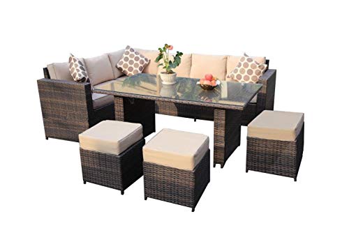YAKOE Conservatory 9 Seater Outdoor Rattan Garden Furniture Classical Corner Dining Set - Dark Brown