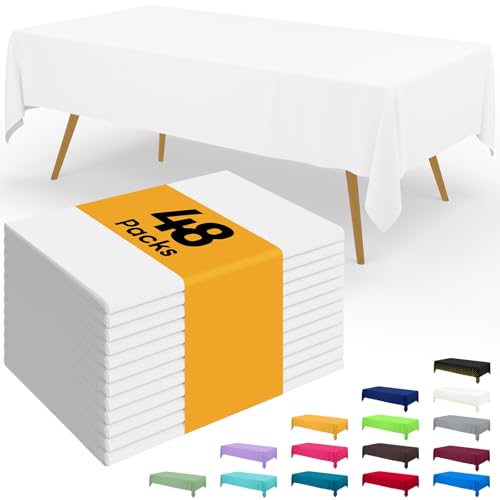 Image of Smiry Disposable Table Cloth - 48 Pack, 54 x 108 Inch Waterproof Rectangle Tablecloths for Parties, Decorative Plastic Table Cover, Leakproof & Sturdy, White