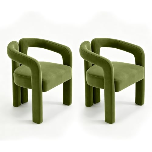 Modern Velvet Dining Chairs Set of 2, Mid Century Modern Upholstered Accent Chair with Curved Backrest and Armrests, Round Thick Cushion Kitchen Chair with Metal Legs (Velvet Olive)