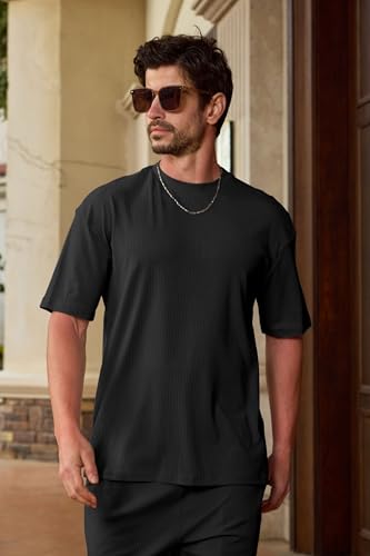 Lexiart Mens Casual 2 Piece Outfits-Short Sleeve Athletic Set Oversize T-Shirts Drawstring Tracksuit Set4