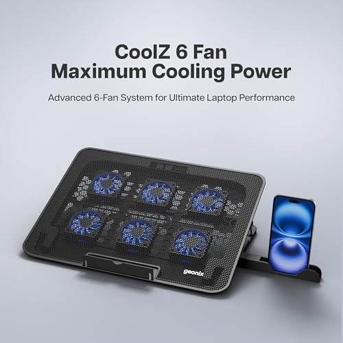 Image of Geonix CoolZ 6 Fan Laptop Cooling Pad | Powerful coooling | Universal Support up to 17-Inch|Supports up to 5kg | 6 Adjustable Heights Up to 134mm| Mobile Phone Stand (Black & Blue)