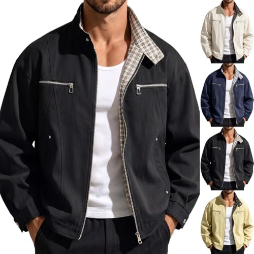 TERGHTP Mens Bomber Jacket Stand Collar Plaid Contrast Casual Jacket - image 1
