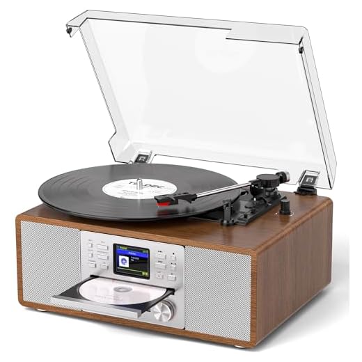 8-in-1 Retro Bluetooth Record Player with Built-in Stereo Speakers | Wireless 3-Speed Turntable for Vinyl, CD, MP3, USB/SD, Internet Radio | Headphone Jack & MP3 Recording | Vintage Multimedia Center