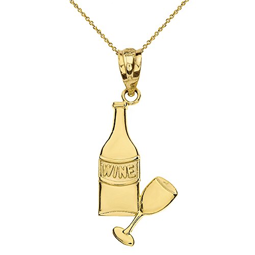 Solid 10k Yellow Gold Wine Bottle and Wine Glass Pendant Necklace