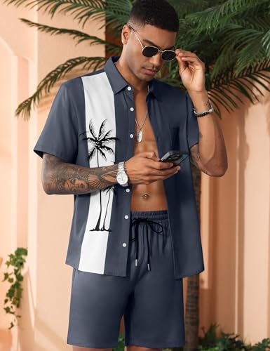 LecGee Men's Hawaiian Shirts Sets Button Down Coconut Tree Hawaiian Shirt Shorts 2 Piece Hawaiian Outfits2