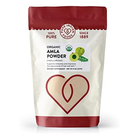 Pure Indian Foods Organic Amla Powder, 8 oz, Water-Soluble Amalaki, Ayurveda Dietary Supplement Dissolves Completely in Water, Perfect for Capsules Cover