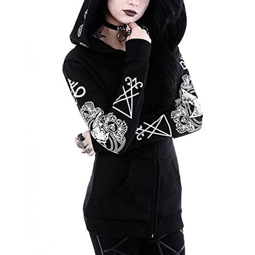 flowereyes Giacca con Zip Punk Gotica da Donna Felpa con Stampa lunare Cardigan Punk Cappotto a Maniche Lunghe Felpa con Cappuccio con Cerniera