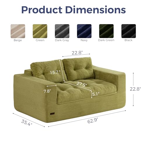 Image of MAXYOYO 63 inch Loveseat Sofa Couch for Small Spaces, Upholstered Boneless Cloud Couch for Apartment Bedroom, 2-Seater Love Seat Floor Modern Sofa with Pillows, No Assembly Required, Green