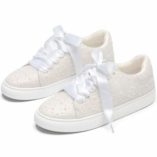 Suokdil Sparkle Rhinestone Sneakers for Women - Bling Fashion Bedazzled Platform Tennis Shoes - White Glitter Sequin Wedding and Party Shoe4