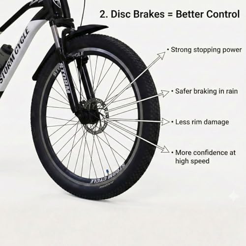 Image of Storm Brand 26 Inch Mountain Bicycle with 21 Speed Gear for Adults | Front Suspension, Dual Disc Brakes, Steel Frame, Wide Tyres,Lightweight Off-Road Bicycle for Boys & Men (Black and White)