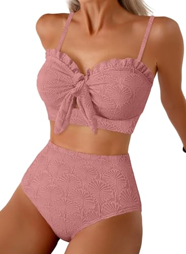 Herseas Women's High Waisted Bikini Sets Seashell Textured Knotted Front Two Piece Sweetheart Neck Swim Suits 2026 Summer Ruffle Trim Bathing Suits Casual Vacation Outfits Large Nude Pink