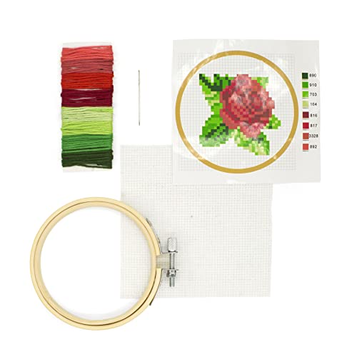 Image of Kikkerland DIY Mini Cross Stitch Rose Embroidery Craft Starter Kit Set, with Pattern Instructions, 3 inch Bamboo Hoop, Stress Relief, Adult Beginner Friendly