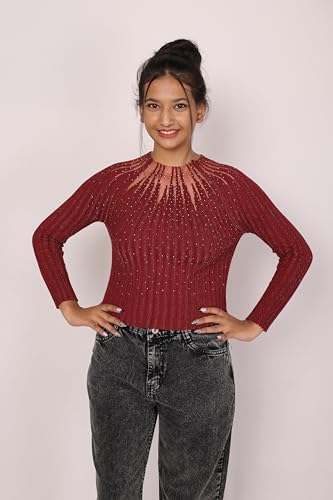 Image of ICW Women Knitted Rhinestone Embellised Daimond Studded Mesh Round Neck Long Sleeve Crop Top T-Shirt 206