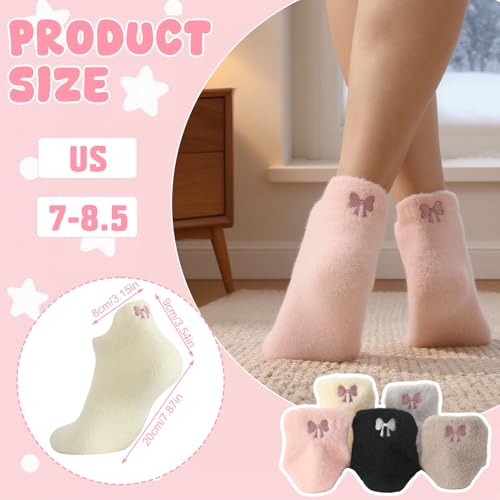 Jspupifip 5 Pairs Women Bow Fuzzy Socks, Pink Bow Cozy Winter Fuzzy Socks Fluffy Ankle Sock for Women Girls Home Sleeping2
