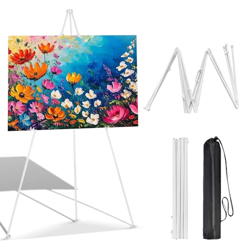 66 Inch White Easel Stand for Wedding Sign Portable Artist Easel Stand Metal Floor Easel Stand Tripod Thicken Display Easel Stand Adjustable Height from 15 to 66 for Posters (White)