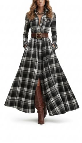 Women’s Black & White Plaid Maxi Dress – Belted Western
