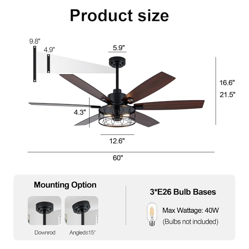 Image of Farmhouse Ceiling Fan with Lights Remote 60 inch Rustic Ceiling Fan | Black Caged Fandelier, Large Chandelier Light for Living Room Covered Outdoor, Reversible Quiet DC Motor 6 Speed, 3 E26 Bulbs