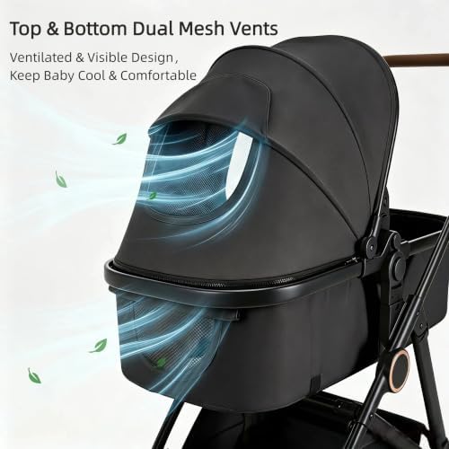 2 in 1 Baby Stroller,Foldable Infant Pushchair with Reversible Seat, High Landscape Toddler Pram for 0-36 Months Newborn with Adjustable Canopy,Storage Basket,Suspension Wheels (Black) - 3
