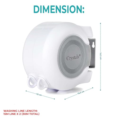 Crystals Retractable Washing Line (30 metre) Reel Clothes Lines with Twin Cable (2 x 15m) Lines of Drying Space -Extendable Wall Mounted Twin Cable Washing Line Clothes Dryer - Image 2