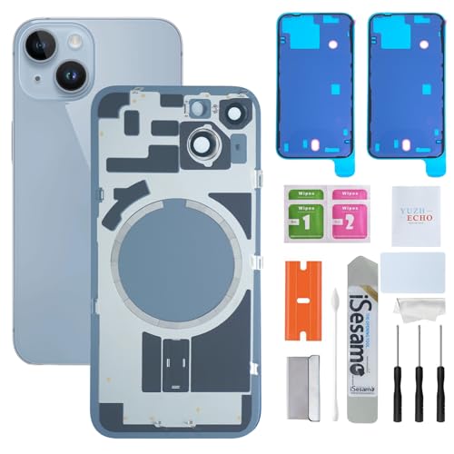 Back Glass Replacement for iPhone 14 (6.1 inches,Blue) Integrated Glass & Magnet & Metal Phase Ring Repair Tools are Included