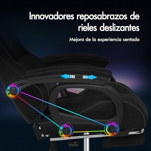 Miniatura 6 de Alfordson Led Silla Gaming, Silla Gamer Con Masaje De 8 Puntos, Silla De Ordenador Ergonómico Con Iluminación Rgb Con Soporte Lumbar Y Reposacabezas, Material De Tela, Negro