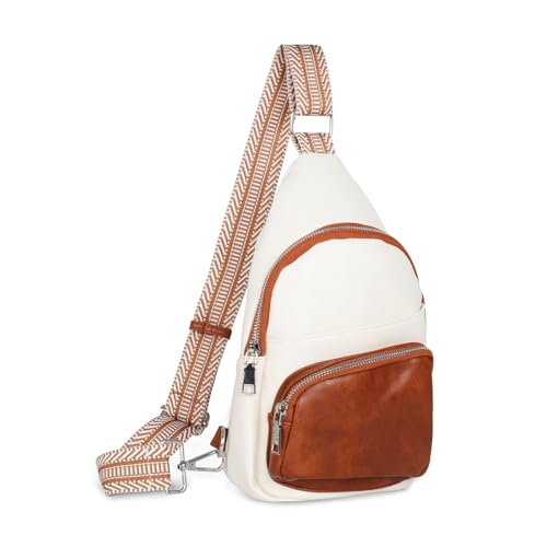 Relang Sling Bag for Women Crossbody, Leather Cross Body Fanny Packs for Women, Trendy Chest Bag for Travel and Daily Use Cream White Brown