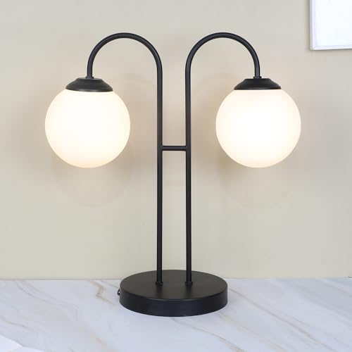 Image of tu casa Black Metal Table Lamp for Home Decoration, Bedroom, Living Room, Lounge, Office, Festival Gifting, Study Table (2 White Glass Shade) H - 16.5 inch / No Blub