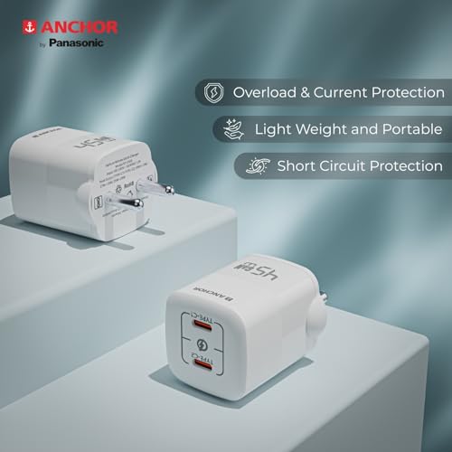 Image of Anchor by Panasonic Type C Dual Port 45W GaN Fast Wall Charger, Compact Travel Adapter with Short Circuit Protection, High Speed Charging for Samsung, iPhone, Headphone, Camera