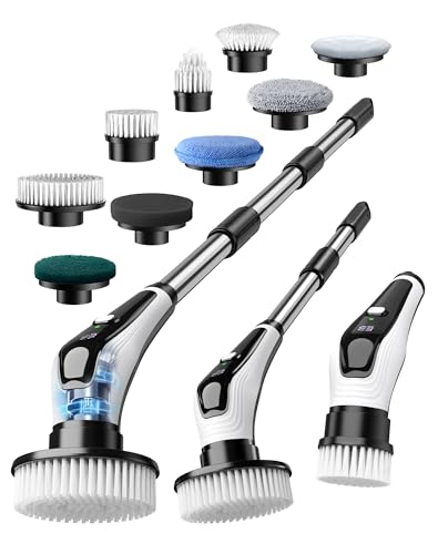 Elektrische Reinigungsbürste mit 9 Wechselbürsten Elektrisch Fugenbürste Vollkörper-IPX8-Wasserdicht Electric Spin Scrubber mit Verstellbarem Griff 2 Geschwindigkeiten für Bade Küche Auto Fußboden