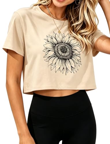 Image of Womens Crop Tops Summer Short Sleeve Round Neck T-Shirts Loose Fit Blouse
