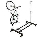 soporte bicicleta pared madera Soporte suelo bicicleta con base ancha, ruedas con freno y estructura de acero. También funciona como caballete bicicleta para mantenerla firme durante el mantenimiento o cuando no está en uso.