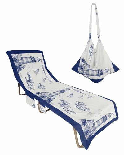 Navy Blue Nautical Beach Lounge Chair Towel Cover, Soft Chaise Lounge Towel with Side Pockets Patio Pool Chairs Cover for Beach/Pool Sunbathing 29x85 Beach Ocean Coastal Lighthouse
