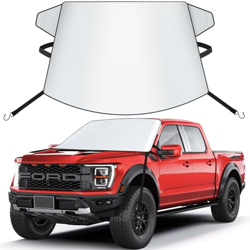 Zettum Truck Windshield Sun Cover - 600D Windshield Sun Shade Window Cover for Pickup Truck Heavy Duty Outside Summer Sunshade Protector for Ford F150 Silverado GMC Sierra Ram Van and More