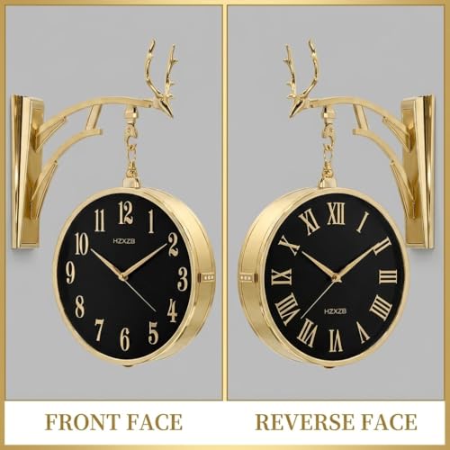 Image of Double Sided Wall Clock Sturdy Frame, Easy Read Two Faces Station Clock for Garden Home Decor Indoor Outdoor Living Room Study Wall Decoration (W4-Gold)