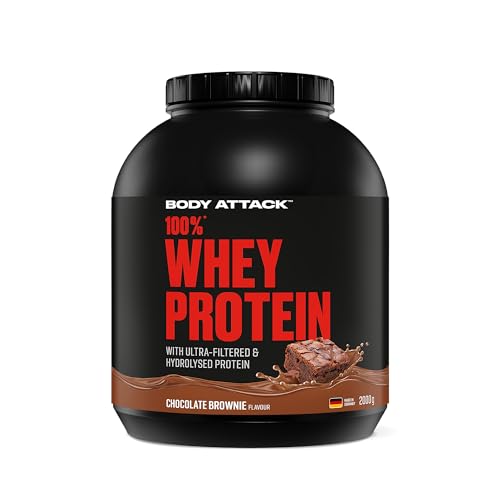 Body Attack 100% Whey Protein Chocolate Brownie - 2 kg - Made in Germany - Extra cremiges Eiweißpulver mit Hydrolysat & BCAA´s, unterstützt Muskelaufbau und Diäten - Für Sportler & Athleten