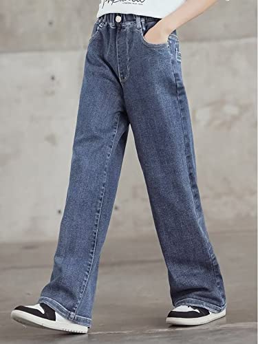Sitmptol Teen Girls Blue Ripped Jeans Wide Leg High Waist Denim Trousers Loose Streetwear Jeans Baggy Pants Denim Blue 160 11-12 Years #TOP1