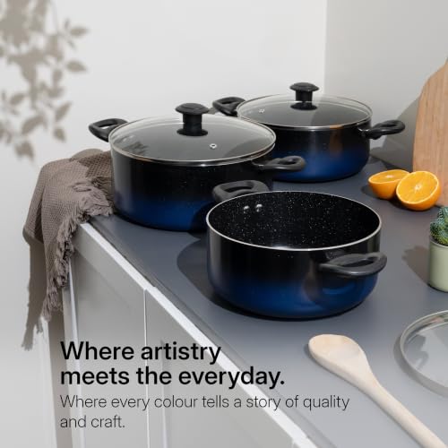 Image of Kreme Aura Granite Non Stick 8 Pcs Cookware Set | Aluminum Casserole Set with Glass Lid | 2.5 LTR + 3.5 LTR + 4.5 LTR | Uses Less Oil | Induction Base Gas Compatible | Biryani Pot | PFOA-Free, Blue