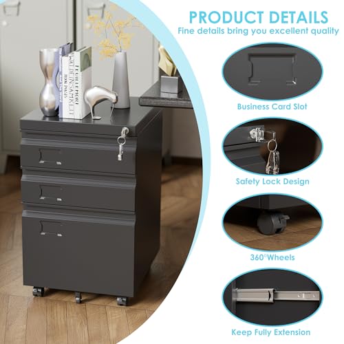 Image of Aobabo 3 Drawer Metal File Cabinet with Lock and 5 Wheels, Black