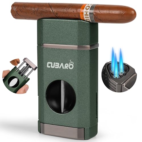 CUBARO Cigar Lighter with V Cutter – Triple Jet Torch Flame, Spring Lock Cutter, Flip Lid, Cigar Holder – Refillable Butane Windproof Lighter Gift for Men – Matte Green (NO Butane)