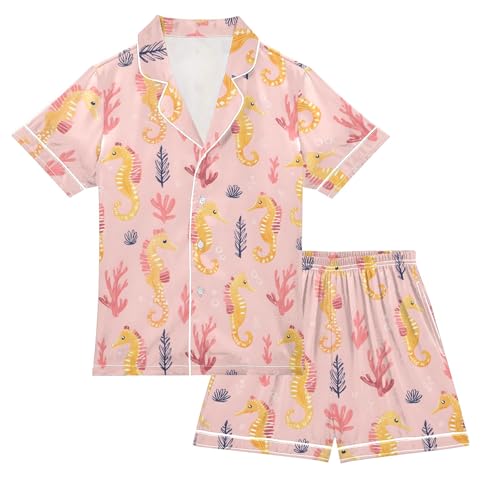 Pink Seahorse Seaweed Summer Satin Pajama Set, Cute Button-Down Sleepwear Pj Set for Sleep Wears