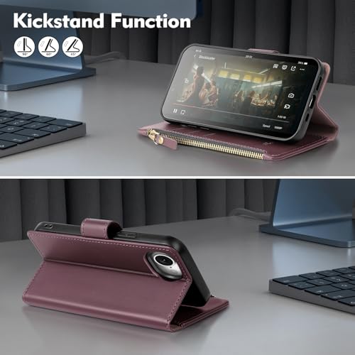Shieldtop Compatible with iPhone 17e / 16e Wallet Case with Card Holder,Women Men RFID Blocking PU Leather Flip Cover Wrist Strap Zipper Credit Card Slots,Phone Case for Apple 17e / 16e,Wine Red by Shieldtop - Used condition - Image 6