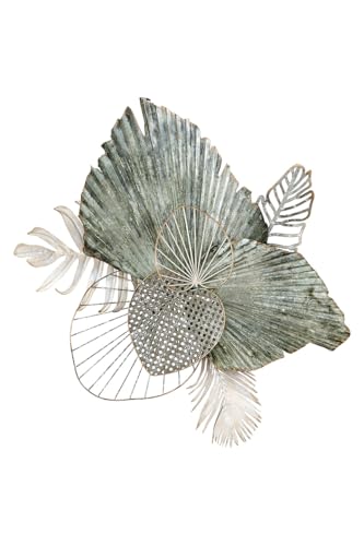 GILDE Deko Wandrelief Wanddekoration - 3D Blätter aus Metall - Bild Dekoration Wohnzimmer - Farben: Grün Creme Grau Gold - 65 x 75 cm