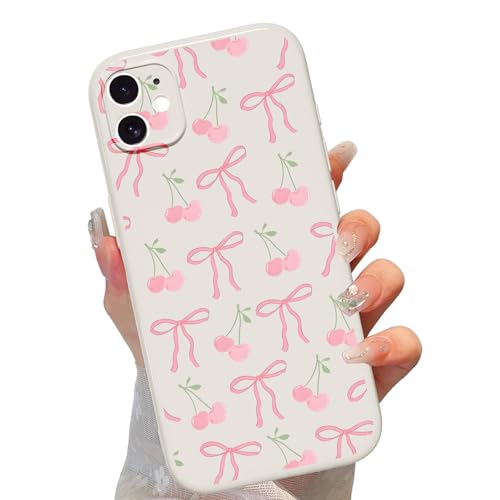 lioscre Cute Bow Phone Case for iPhone 11 6.1", Aesthetic Pink Cherry Ribbon Bowknot Pattern Print Design Women Girly Case Gloss Raised Camera Protective Cover Soft Slim Silicone Shockproof TPU Funda