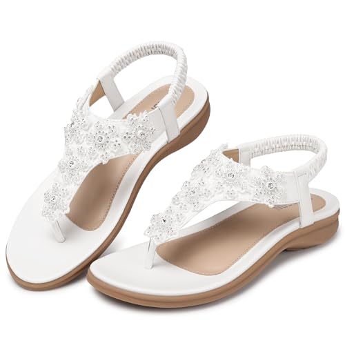 Image of TEMOFON Sandals for Women Flats Dressy Summer Open Toe Sandals Comfortable Casual Woman Footwear Beach Flip Flops White Size 10.5